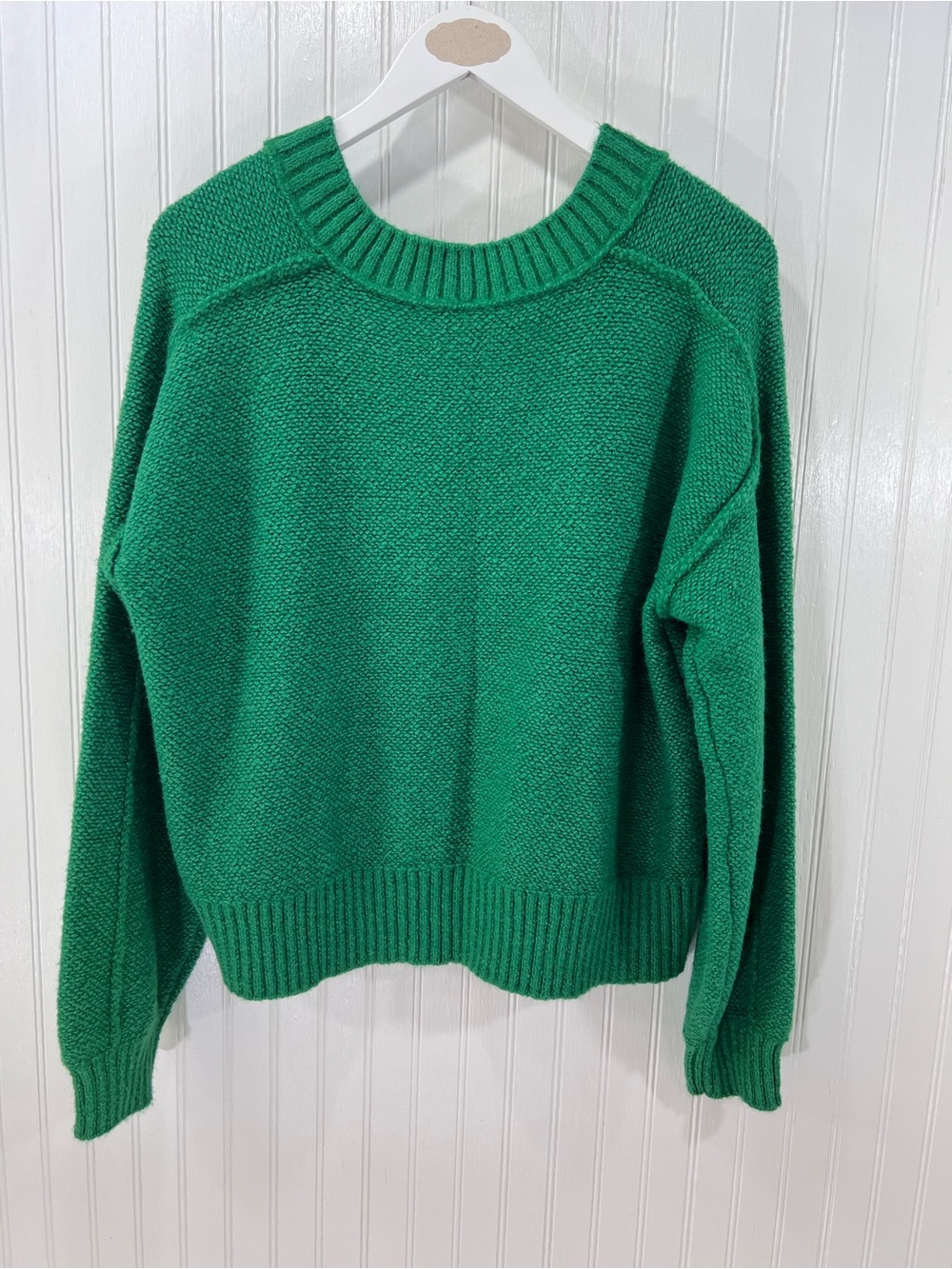Free People Emerald Kelly Green Chunky Knit V-Neck Oversized Sweater L - Picture 2 of 8